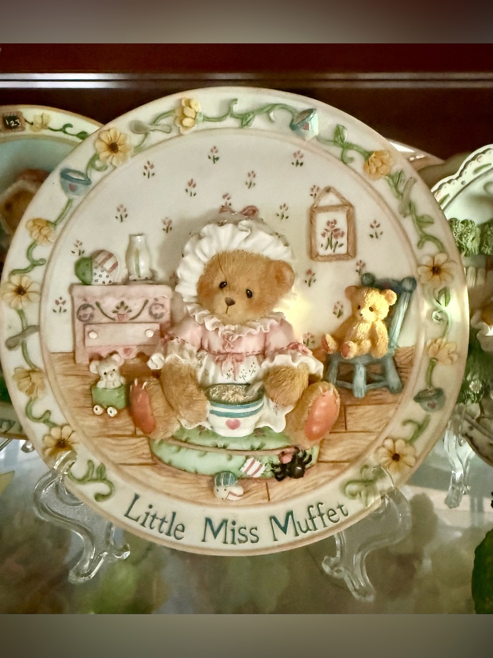 Cherished Teddies Little Miss Muffet Plate - Pink, Green, Cream
